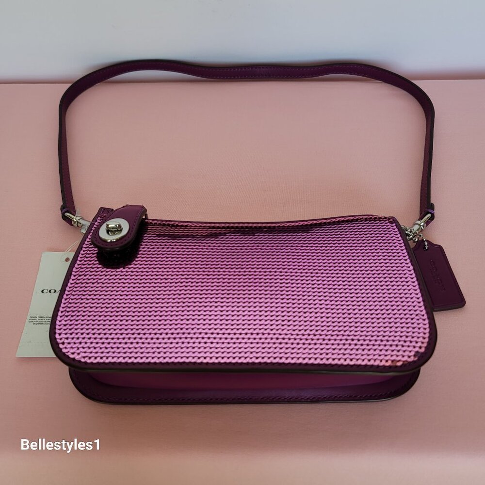 COACH Penn Sequined & Smooth Leather Small Shoulder Bag - Dark Magenta⭐